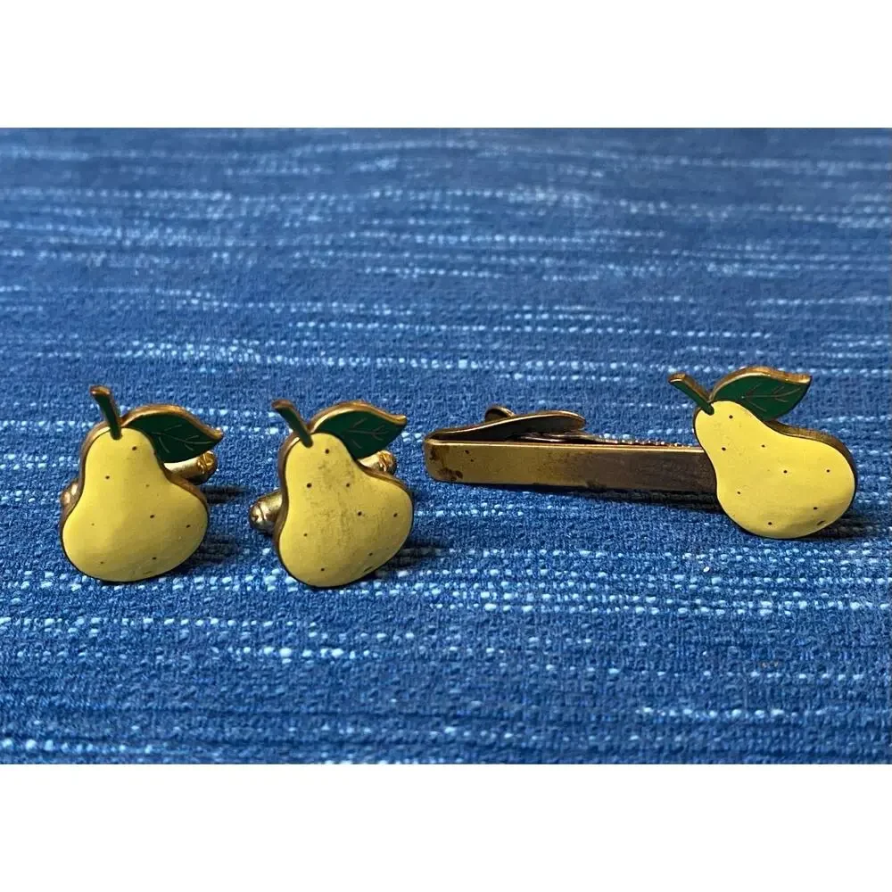 Vintage Tie Bar Clip Yellow Enamel Pear Cufflink Set 49B